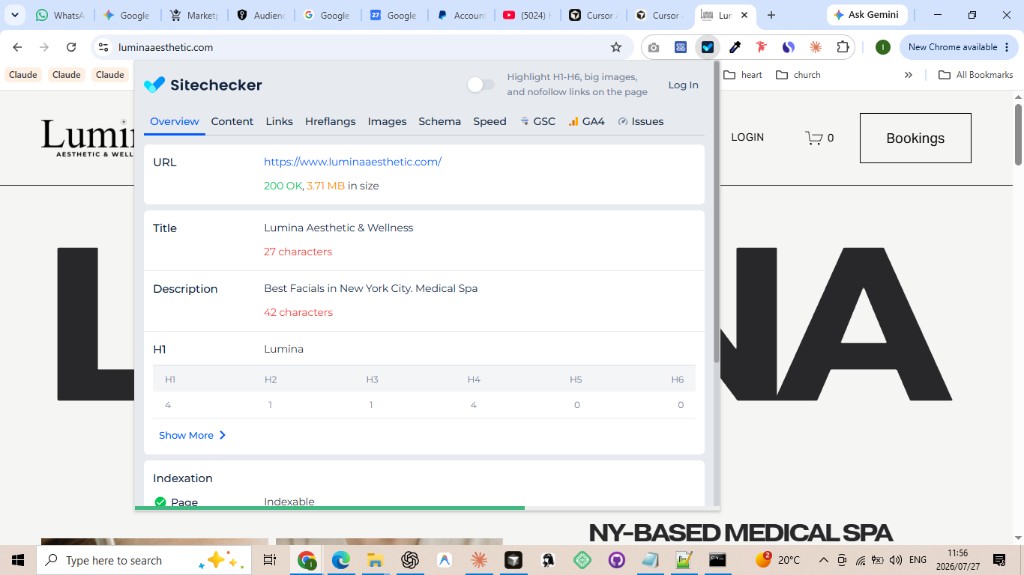 Sitechecker overview showing a 27-character title and 42-character meta description, page size 3.71 MB